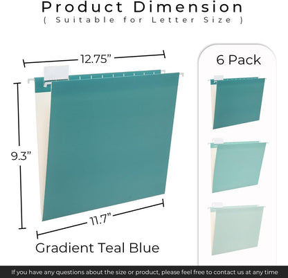 Y YOMA 6 Pack Gradient Hanging File Folders Letter Size Decorative Hanging Folder Pretty File Folder Organizer for Filing Cabinet Office Home with 1/5-Cut Adjustable Tabs, Teal Blue