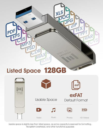 MOSDART 128GB USB3.1 Fast Speed C and A Dual Flash Drive, exFAT Memory Stick with Keychain Loop, for iPhone 15,16,17, Android Phone, iPad, MacBook, Silver