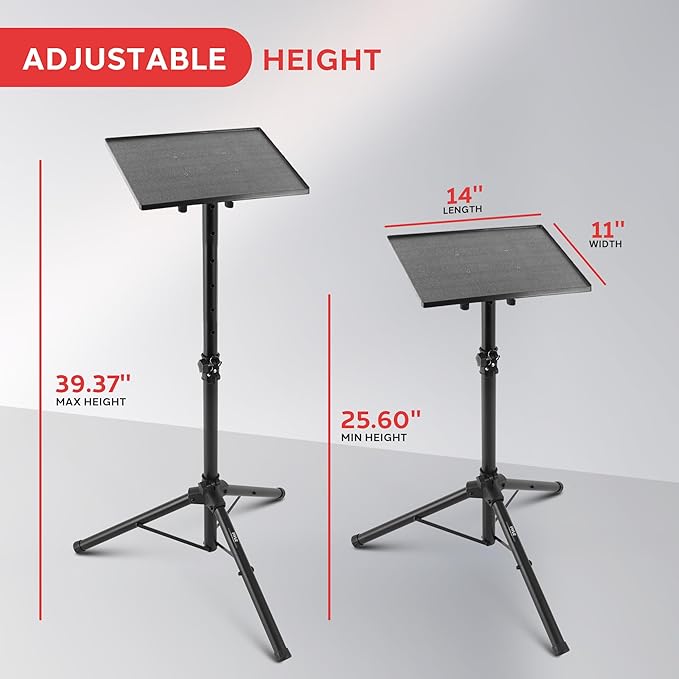 Pyle Universal Laptop Projector Tripod Stand - Adjustable Computer, DJ Equipment Holder Mount with 14'' x 11'' Plate, Height Adjustable 22 to 35 Inches - Portable for Stage, Studio,Home,and Office Use