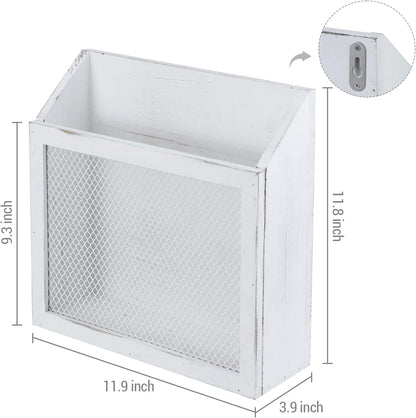 MyGift Rustic Magazine Holder Vintage White Wood and Chicken Wire Design Wall Mounted/Tabletop Mail Sorter, Farmhouse Home, Bathroom, Office Magazine Rack