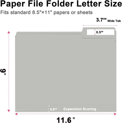 File Folder, RAZCC 100 Pack 1/3 Cut Tab File Folders Letter Size, Grey, Folders with Tab, Great for Organizing and Easy File Storage