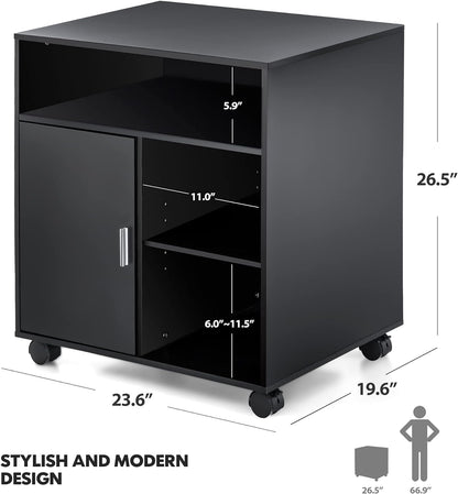 FITUEYES Printer Stand with Storage Adjustable Shelves, Wood Mobile Cart with Door, Rolling File Cabinet on Wheels for Home Office, Black, PS406001WB