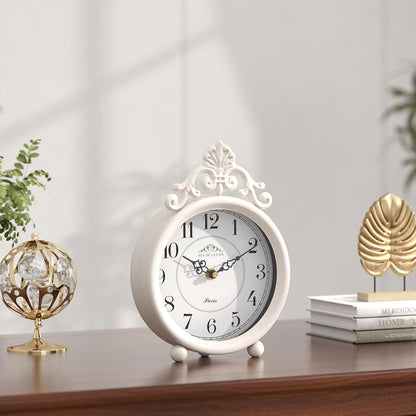 Vintage White Table Clock, Desk and Shelf Mantel Clock, French Rustic Antique Style Decor Clocks, for Farmhouse, Bedroom, Living Room, Bedside, Gift (9" H x 6.3" W)