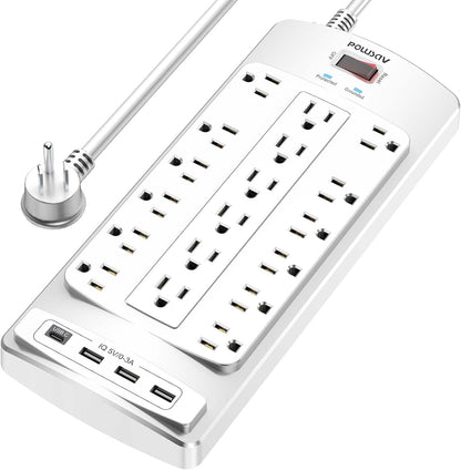 18 Outlets Surge Protector Power Strip - 6 Feet Flat Plug Heavy Duty Extension Cord with 18 Widely Outlets and 4 USB Ports, 2100 Joules, White, ETL Listed