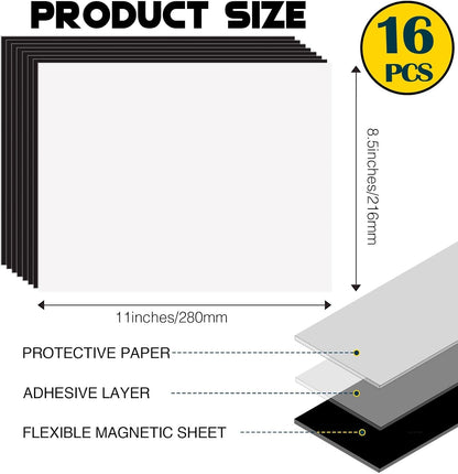 8.5X11 Inches Magnet Sheets for Letter Size (Pack of 16),Magnetic Sheets with Self-Stick Adhesive for Home/Classroom/Office,Easy Cut DIY Magnet