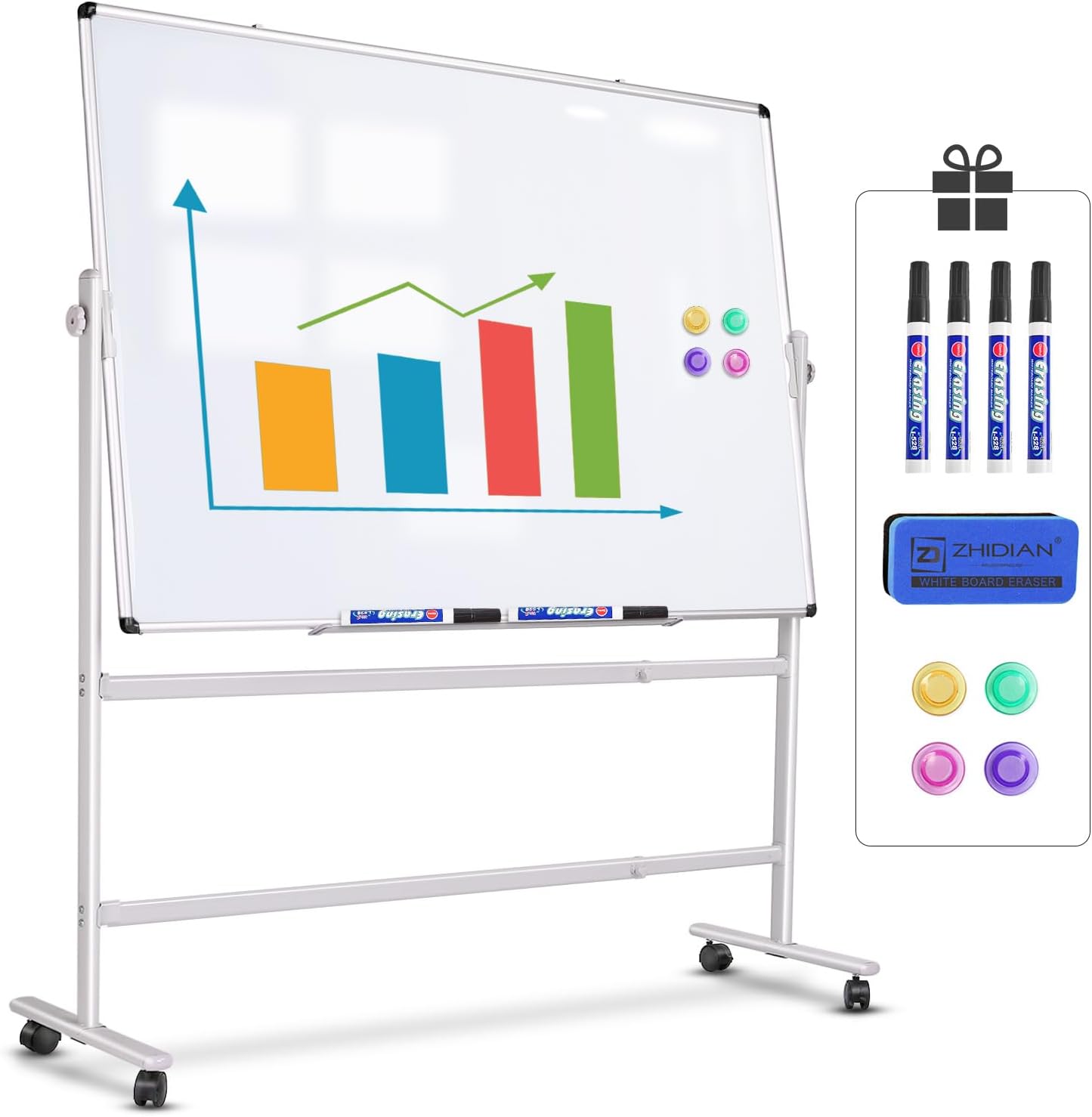 Large Rolling White Board 48x36 in, Dry Erase Board with Stand, Double-Sided Magnetic Mobile Whiteboard, Height-Adjustable for Office Classroom and Home