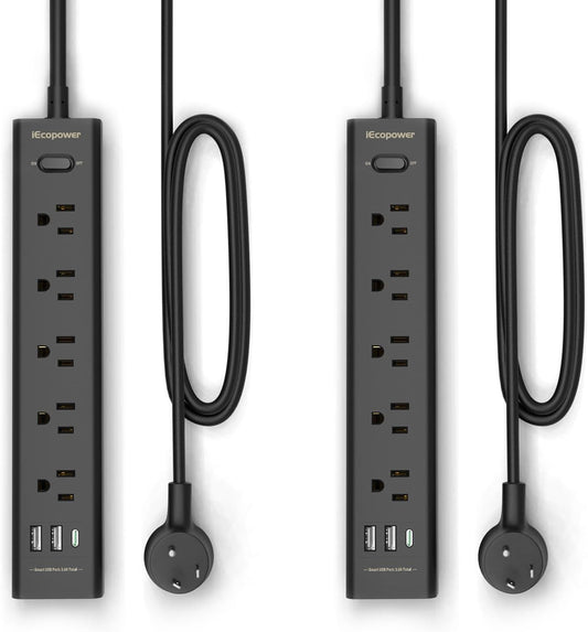 10FT Long Surge Protector Power Strip-with 5 Widely Outlets and 3 USB Ports(1 USB C Port),10 Foot Extension Cord(1250W/10A),Wall Mount for Home Office,700 J,Black(2 Pack)