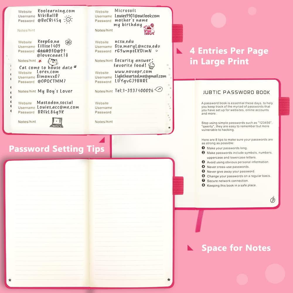 JUBTIC Password Book with Alphabetical Tabs. Medium Size Password Keeper Logbook for Internet Log in, Website Address. Hardcover Password Journal Notebook & Organizer for Home Office, Hot Pink