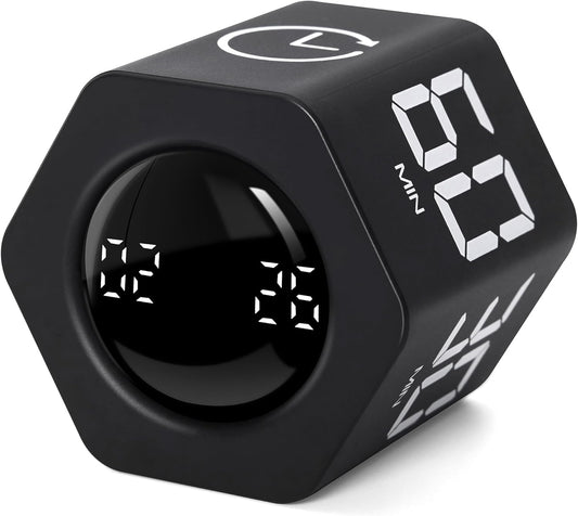 Productivity Timer 1, 5, 10, 30, 60 Minutes Preset, Desk Cube Timer with Gravity Sensor/Mute/Vibration for ADHD, Work, Study, Kitchen, Back to School (1, Black)