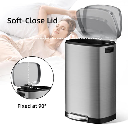 KUK 13 Gallon/50L Stainless Steel Kitchen Trash Can with Lid and Step Pedal-Large Capacity Garbage Bin with Odor Seal, Silent Close Lid, Removable Inner Bucket, Titanium Silver