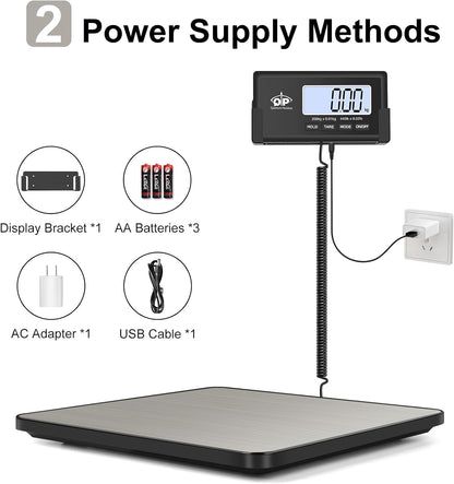 QP Shipping Scale, 440 lb/0.35 oz High Accuracy Digital Postal Scale, Postage Scale, Hold/Tare Function, Auto Off LCD Display, Lightweight Scale for Packages/Luggage/Pet, Battery & AC Adapter Included