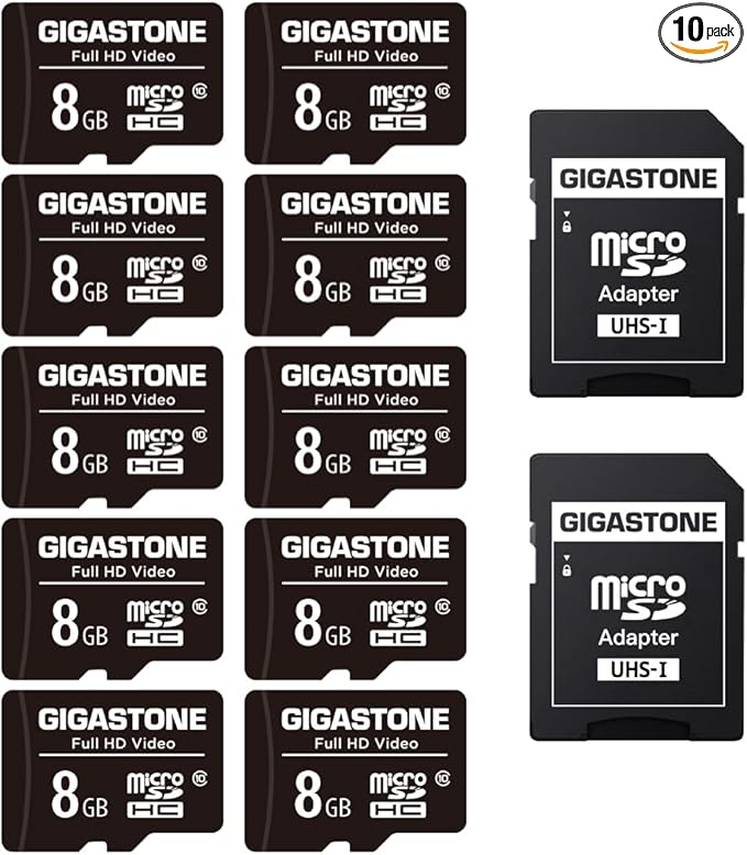 GIGASTONE 8GB Micro SD Card 10-Pack, Full HD Video, Surveillance Security Cam Action Camera Drone, 85MB/s Micro SDHC Class 10