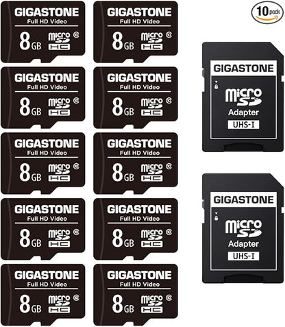 GIGASTONE 8GB Micro SD Card 10-Pack, Full HD Video, Surveillance Security Cam Action Camera Drone, 85MB/s Micro SDHC Class 10