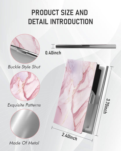 Business Card Metal Slim Organizer, Professional Stainless Steel Square Pocket Wallet for Office Workers, Compact and Portable for Pockets (Pink Marble