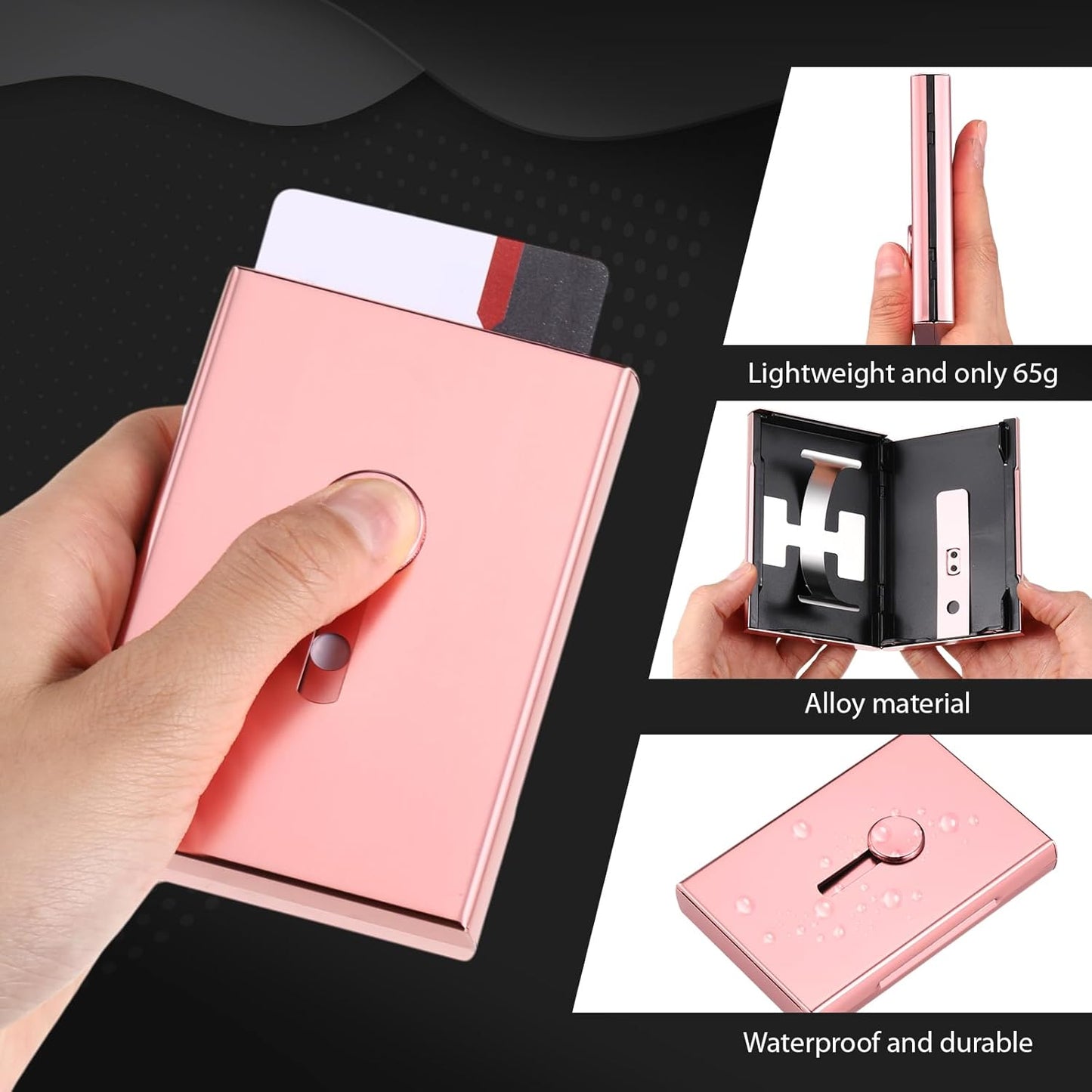 Zonon Large Thumb Drive Business Card Holder Fit 28 Name Credit Aluminum Alloy Slide out Name Card Case Portable Business Holder Wallet Pocket for Men Women(Rose Gold)