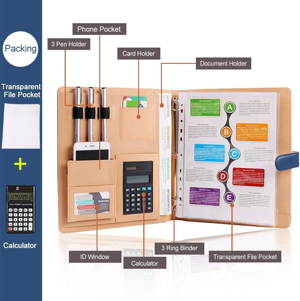 A4 Leather Padfolio with 3 Ring Portfolio Binder with Clipboard Padfolio for Women Men Professional Office Three Binders Organizer with Calculator Planner Portfolio Executive Closure Notebook Folder
