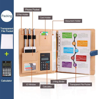 A4 Leather Padfolio with 3 Ring Portfolio Binder with Clipboard Padfolio for Women Men Professional Office Three Binders Organizer with Calculator Planner Portfolio Executive Closure Notebook Folder