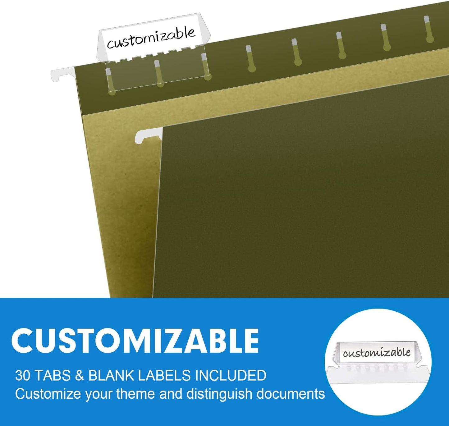 Extra Capacity Hanging File Folders, RAZCC 30 Pack Letter Size Reinforced Hanging Folders with Heavy Duty 2 Inch Expansion for Bulky Files, Filing Cabinet, Adjustable Tabs, Green