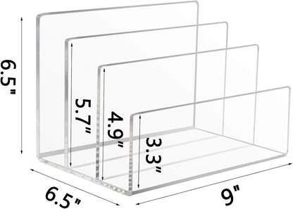 Tasybox Acrylic File Holder, Clear File Sorter Desk File Organizer 3 Sections Office Desktop Rack 9" x 6.5" x 6.5"