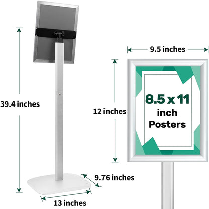 Heavy Duty Pedestal Sign Holder for Display, 8.5 x 11 inches Adjustable Floor Standing Sign Holder with Weighted Base , Vertical and Horizontal View Sign Stand for Indoor/Outdoor Advertising，Silver