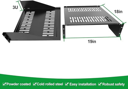 Server Rack Shelf-Universal Vented Rack Mount Cantilever Tray for 19" Network Rack & Cabinet - Heavy Duty Steel - Weight Capacity 115lb-3U H 18" D/ 2 Pieces Packaging GLOBALRACK (3U18, 18INCH)