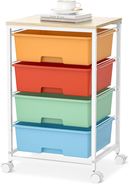 Utility-Rolling-Storage-Drawer-Craft-Cart-Organizer with 4 Drawers and Wooden Tabletop & Lockable Wheels for Home Office, Bedroom, Kids Room, Classroom, 4 Tiers Under Desk Drawer Cart, Macaron