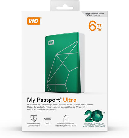 WD 6TB My Passport Ultra Portable Hard Drive HDD, 20th Anniversary Emerald Drive, USB-C, with Backup Software and Password Protection - WDBECU0060BGN-WESN