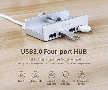 ORICO USB 3.0 Hub Clamp - Aluminum 4-Port USB Splitter With Extra Power Supply Port, 4.92 FT USB A to C Cable, Desktop Powered Hub for Monitors/Desks - Silver