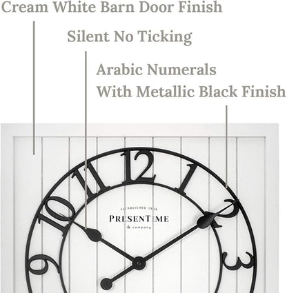 Presentime & Co 21" Farmhouse Square Shiplap Barn Door Wood Clock - White, Arabic Numeral. Home Decoration/Wall Decoration/Farmhouse Décor for Living Room, Dining Room, and Entryway.