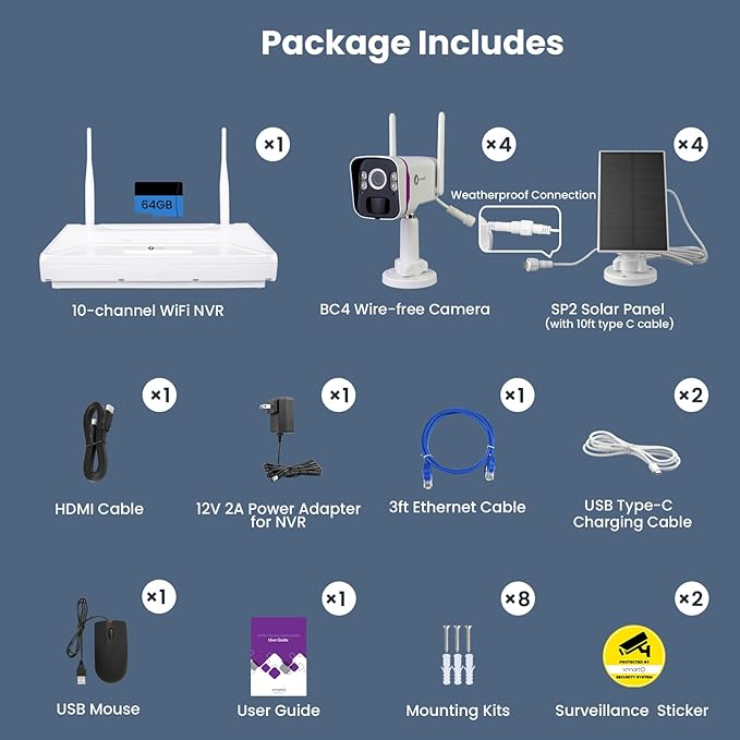 xmartO Solar Security Cameras Wireless Outdoor, WiFi6 NVR with 64GB Micro SD Card, 4 PCs 4MP QHD Home Security Camera System with 10CH Expandable NVR, 120 Days Local Storage, All-Weather Solar Charge