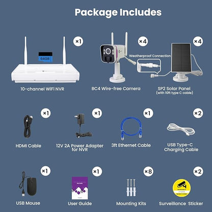 xmartO Solar Security Cameras Wireless Outdoor, WiFi6 NVR with 64GB Micro SD Card, 4 PCs 4MP QHD Home Security Camera System with 10CH Expandable NVR, 120 Days Local Storage, All-Weather Solar Charge