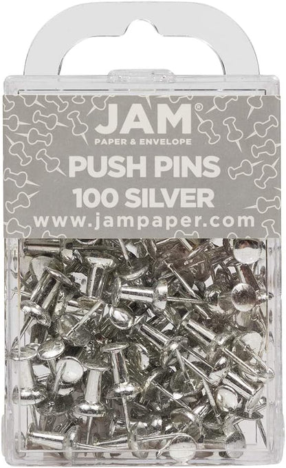 JAM PAPER Colorful Push Pins - Silver Pushpins - 100/Pack