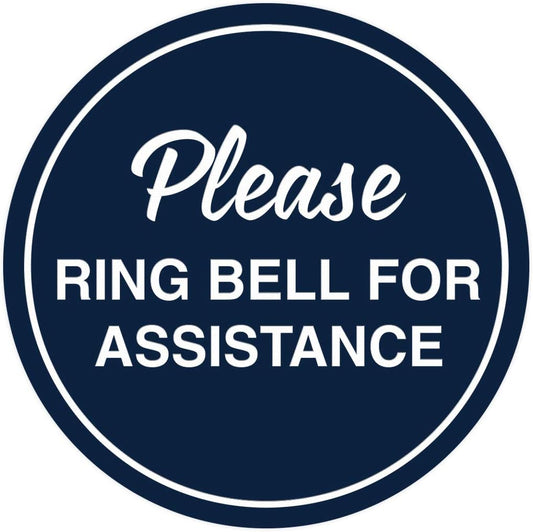 Signs ByLITA Circle Please Ring Bell For Assistance Wall or Door Sign | Easy Installation | Front Desk Reception Sign (Navy Blue/White) - X-large (5 Pack)