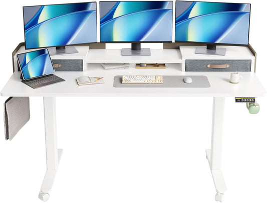 YDN Electric Standing Desk with Drawers, Adjustable Height Stand Up Desk, 63 inch Electric Sit Stand Computer Desk for Home Office, White