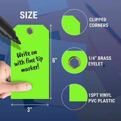 Tags 4 Less 15 Mil Waterproof Plastic Tags, Pack of 100 – 3” x 6” Heavy Duty Plastic Tags for Labeling, Outdoor Tagging, Equipment Labeling, Luggage, Valves & More (Fluorescent Green)