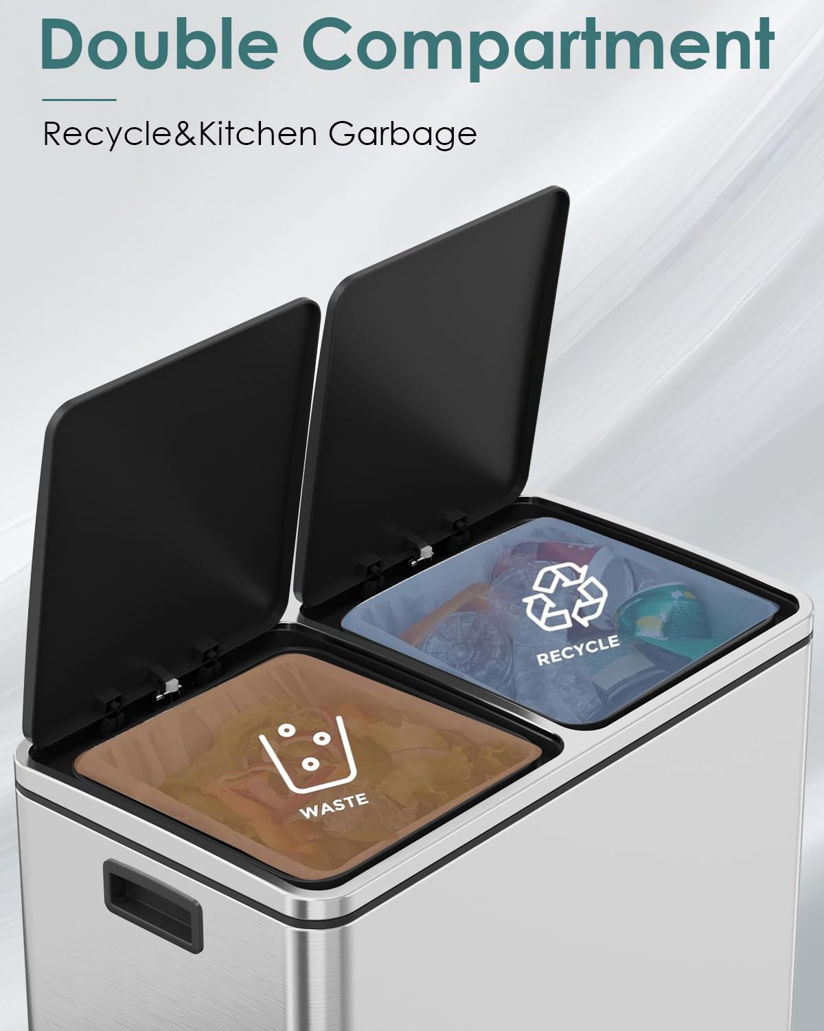 Arlopu 16 GallonStainless Steel Trash Can, 60L Dual Compartment, Metal Kitchen Step Recycle Bin, Metal Double Dustbin, in-Home Garbage Rubbish Can W/Removable Liner Buckets (Silver)