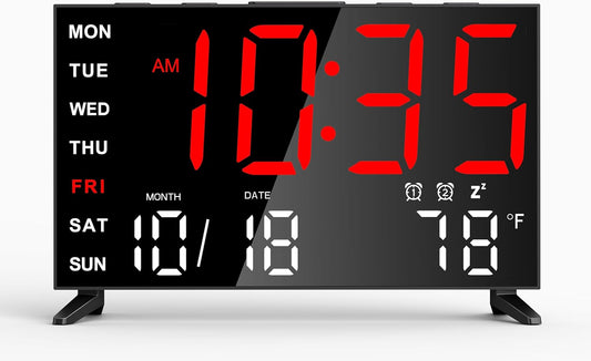 Mirror Digital Loud Alarm Clock,Indoor Temperature,USB Charging Port,Dimmer,Dual Alarms,Adjustable Volum,12/24H,Snooze,Perfect for Bedroom and Living Room (Black+Red Digit)
