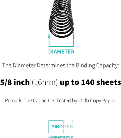 Binditek 100 Pack Plastic Spiral Binding Coils, 16mm(5/8"), 140 Sheet Capacity, 4:1 Pitch, Black, 48 Loops, for Letter Size, for Students and Coworkers