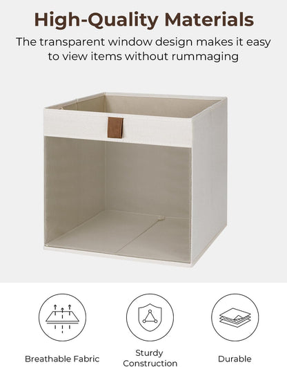 StorageWorks 11x11 Storage Cubes, Closet Storage Bins with Clear Window, Fabric Organizer for Clothes, Collapsible Storage Baskets with PU Handles, Beige, 3-Pack