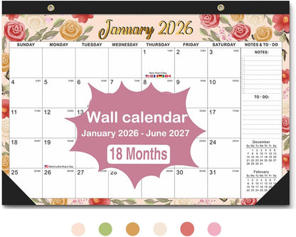 2026-2027 18-Month Large Desk Calendar with 2 Stickers & Hanging Rope - 17"x12" Watercolor Floral Desktop or Wall Calendar | Holiday Marks & Year Countdown | for Office, Homeschool, Teacher Planning (Jan 2026 - Jun 2027)