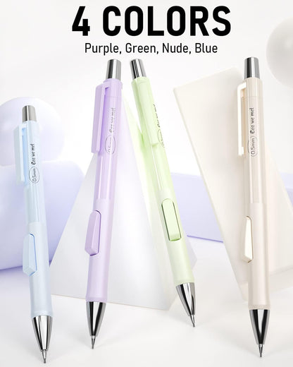 Nicpro 4PCS Pastel Mechanical Pencil 0.5mm, Cute Fast Click Mechanical Pencils Set with 100PCS HB Lead Refills, Erasers and Eraser Refills, Aesthetic School Supplies for Writing, Drawing, Sketching