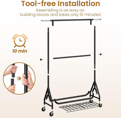 Double Rods Clothing Rack, Heavy Duty Clothes Rack for Hanging Clothes Load 560LBS, Metal Rolling Garment Racks with Wheels, Freestanding Clothes Hanging Racks, Black