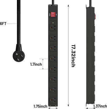 KF 8 Outlet Heavy Duty Power Strip Surge Protector, 2100J Surge Protection Metal Power Strip, 15A/1875W Mountable Power Strips with Upgraded Switch, 14AWG 6FT Extension Cord, Black