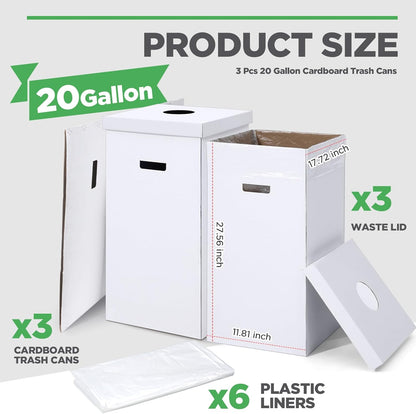 3 Pcs Cardboard Trash Cans with Lid Disposable and Reusable Corrugated Cardboard Trash Cans Recycling Bins Bulk with Garbage Bags White Rubbish Boxes for Parties Events (20 Gallon)