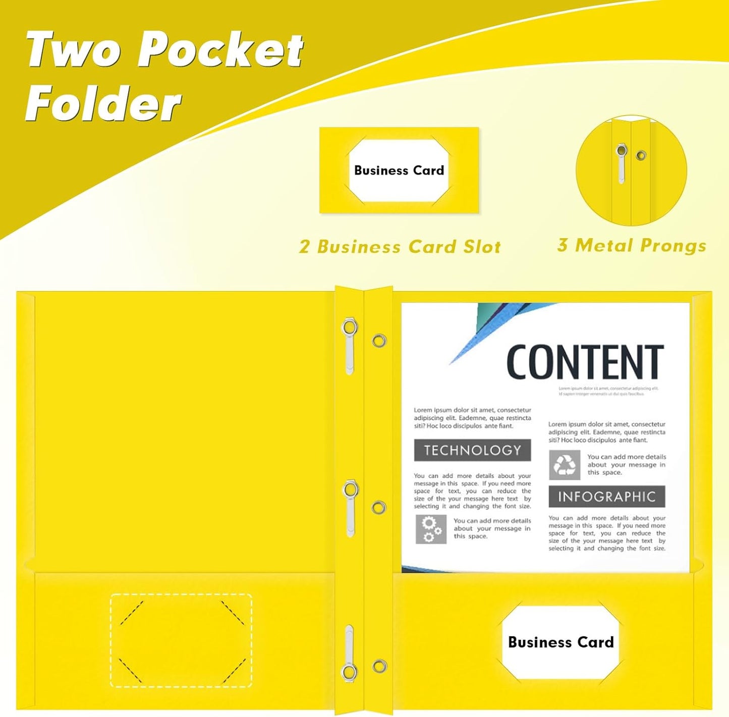 Two Pocket Folders, PANDRI 30 Pack Two Pocket Folders with Prongs, 3 Prong Folders Designed for Office and Classroom, Letter Size Yellow