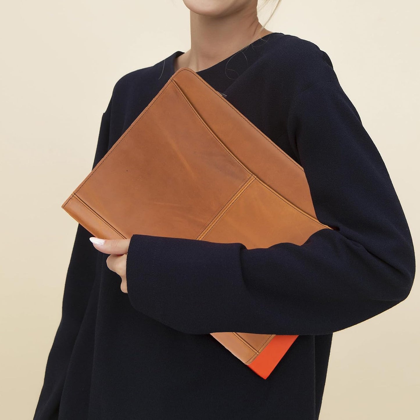 Genuine Leather Portfolio with Front Pocket for Men and Women, Zippered Padfolio Binder 8.5 x 11 Legal Pad Notebook Holder, Fits 13” Laptop, Professional Work File Case, Brown