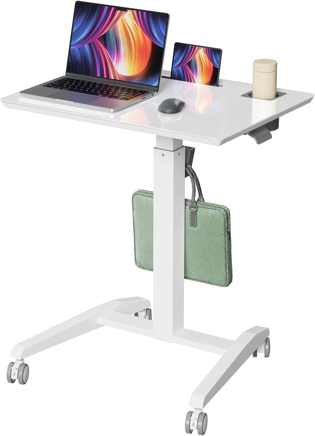 Glass Mobile Standing Desk, Height Adjustable Rolling Laptop Table, 27 inches Portable Sit Stand Desk with Wheels and Hook, Pneumatic Computer Workstation, White