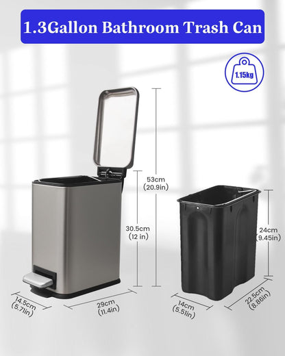 Bathroom Trash Can with Lid，5 Liter / 1.3 Gallon Small Trash Can with Removable Liner, Soft Close lid & Step Pedal, Stainless Steel Trash Bin for Bathroom,Bedroom,Home Office, Kohler Grey