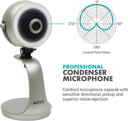Movo WebMic HD Pro All-in-One Webcam with Mic and Ring Light in Silver- 1080p HD Camera, Pro Cardioid Condenser Microphone, LED Ring Light -HD Webcam for Streaming, Video Calls, Recording, Gaming