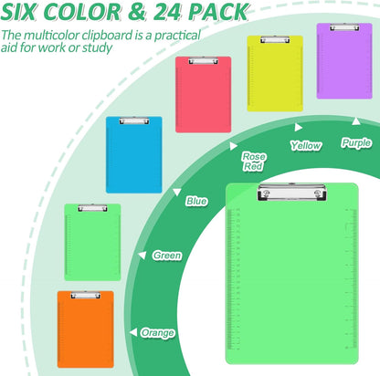 Plastic Clipboards, PANDRI 24 Pack Clear Colored Clipboards, Low Profile Clip Board 12.5 x 9 Inch Standard Letter Size, Office Supplies Classroom